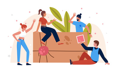 Post service, people and mail delivery vector illustration. Cartoon group of happy small man woman character sitting and standing on vintage big envelope letter with ribbon and stamp isolated on white