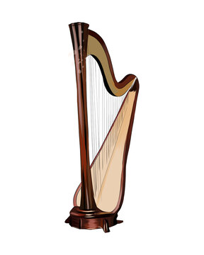 Realistic image of concert harps. National Irish stringed musical instrument from multicolored paints. Splash of watercolor, colored drawing. Vector illustration of paints