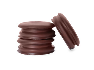 Delicious choco pies on white background. Classic snack cakes