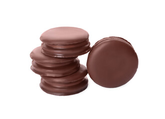 Delicious choco pies on white background. Classic snack cakes