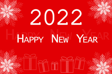 Greeting card - Happy New Year 2022. Red design with snowflakes and gifts. Minimalism.