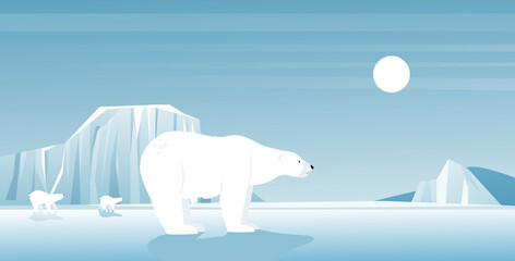 Ijsbeer in ijs arctische of antarctische landschap, Noord winters tafereel vectorillustratie. Cartoon schattig vorst ijzig landschap met witte ijsberen en gletsjer, wilde dieren in koud klimaat achtergrond