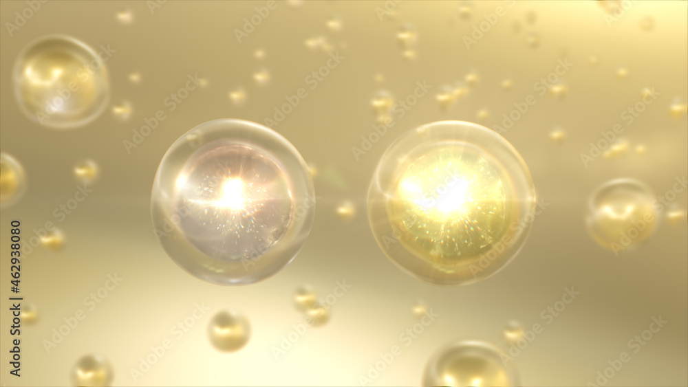 Poster macro shot of various pink and gold bubbles in water rising up on light background. beauty glossy mo