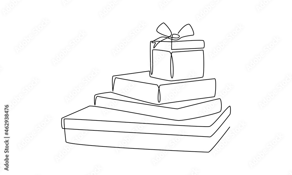 Poster one continuous line drawing of christmas gifts. wrapped surprise boxes in simple doodle style. thin 