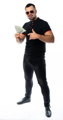 portrait of a man with dollars. man counts money. isolated white background