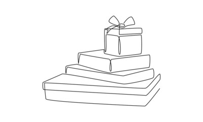 Een doorlopende lijntekening van kerstcadeaus. Verpakte verrassingsdozen in eenvoudige doodle-stijl. Dunne voering vectorillustratie