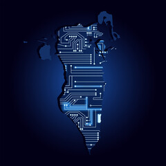 Map of Bahrain with electronic circuit. Contour map of Bahrain with a technological electronics circuit.