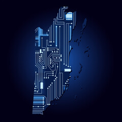 Fototapeta premium Map of Belize with electronic circuit. Contour map of Belize with a technological electronics circuit.