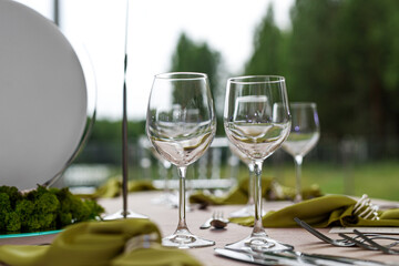 Empty glasses set in restaurant