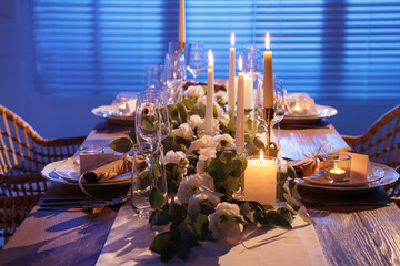 Festive table setting with beautiful tableware and decor indoors