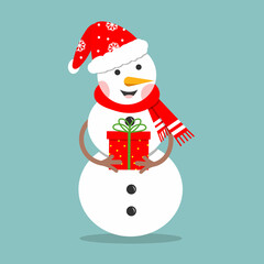 Happy snowman in a hat, mittens and scarf holding gift. Symbol of the Christmas holidays, flat vector illustration