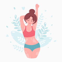 Woman with vitiligo. World vitiligo day. Self care, self love, body positive. Vector illustration