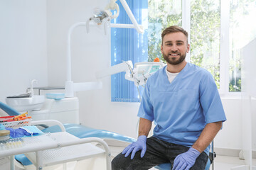 Portrait of professional dentist at workplace in clinic