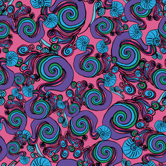 Vector Pink Mermaids background pattern with waves and sea shells