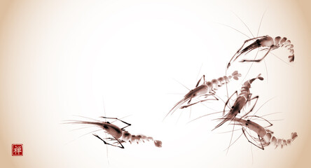 Fototapeta premium Ink painting of prawns in vintage style. Traditional oriental ink painting sumi-e, u-sin, go-hua. Translation of hieroglyph - well-being