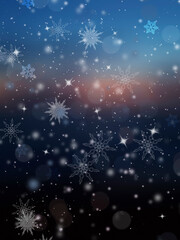 Fototapeta na wymiar blue defocused lights background. Christmas background with snowflakes.