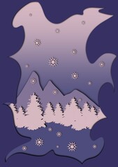 Mountain landscape with winter forest and snowflakes, postcard in digital paper art technique 