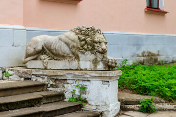 Beautiful statue of lion at Natalyevka estate complex in Kharkiv region, Ukraine