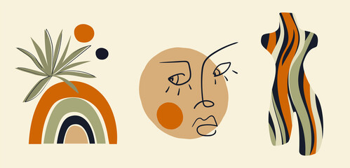 Modern minimalist abstract aesthetic illustrations. Bohemian style wall decor. Collection of earth tone contemporary artistic posters.