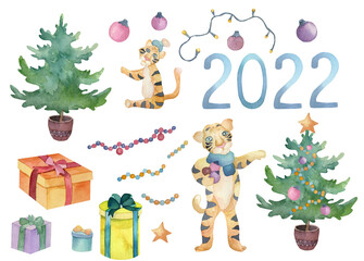 Watercolor babyTiger. Symbol of the New year 2022.  Christmas party decoration. chinese calendar, invitation card.