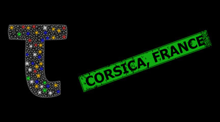 Glowing mesh web Tau Greek lowercase letter with multi colored glowing spots, and grunge Corsica, France badge. Green stamp has Corsica, France title inside framed rectangle.