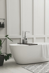 Fototapeta premium Modern ceramic bathtub and green plant near white wall indoors