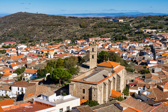 Montanchez with the church of St Matthew, San Mateo in Extremadura. Spain.