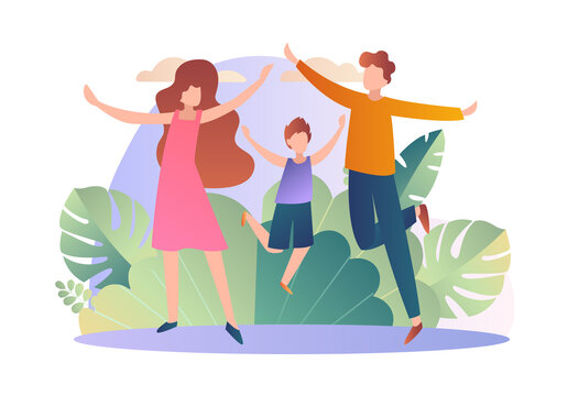 Healthy Family Walking. Father, Mom And Son Walking In Park In Good Weather. Summer, Spring. Taking Care Of Your Health, Active Rest, Spending Time Together. Cartoon Flat Vector Illustration