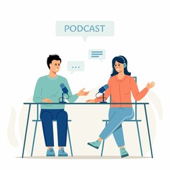 Cartoon smiling people listening and recording audio podcast or online show vector flat illustration. Joyful person radio host interviewing guest, mass media broadcasting isolated on white