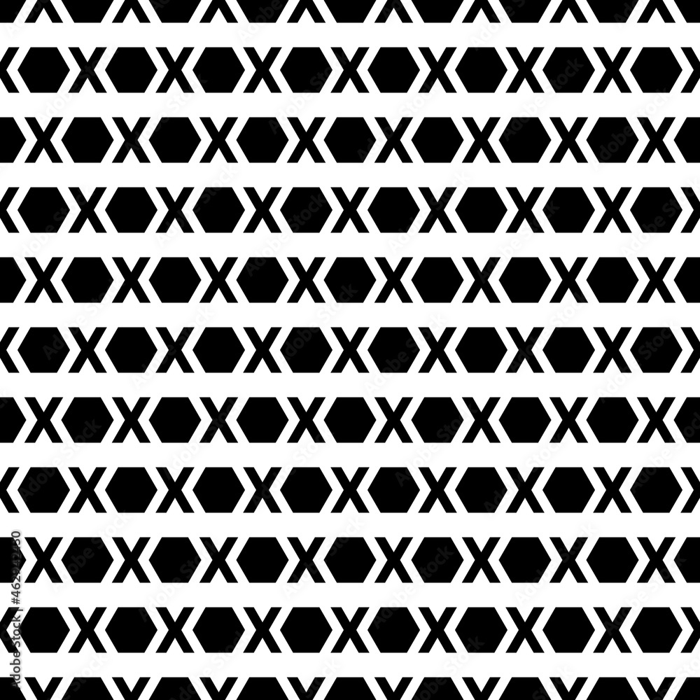 Poster Hexagons and crosses. Black color shapes in one and white background. Seamless and vector minimal pattern.