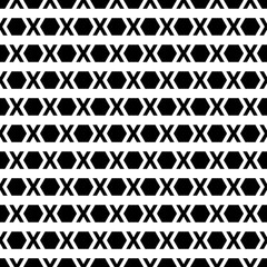 Hexagons and crosses. Black color shapes in one and white background. Seamless and vector minimal pattern.