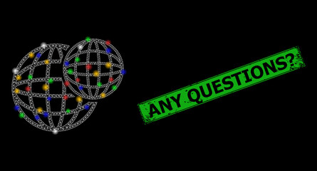 Bright mesh web spheric balls with multicolored glowing spots, and grunge Any Questions? seal stamp. Green stamp seal has Any Questions? caption inside framed rectangle.