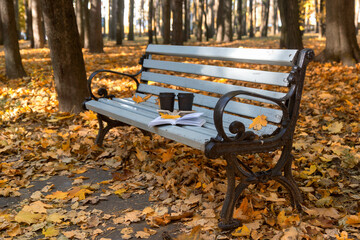 There are two cups of coffee on a bench in an autumn park.