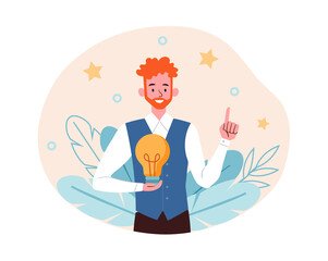 Innovation, inspiration concept. Man holds light bulb in his hand, human has idea. Development of new device, creative, thinking. Cartoon flat vector illustration isolated on white background