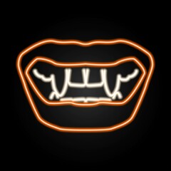 Vampire fangs neon sign, modern glowing banner design, colorful modern design trend on black background. Vector illustration.