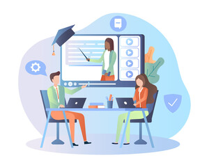 Online education concept. Man and girls listening to lecture on Internet. Workshop, study, conference. Teacher and students in class. Cartoon flat vector illustration isolated on white background