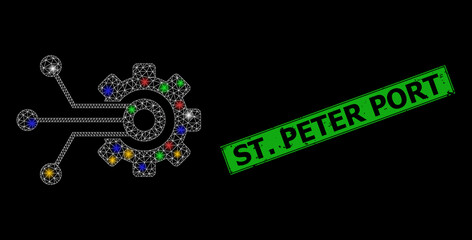 Bright mesh net sensor gear with multicolored flash nodes, and grunge St. Peter Port seal stamp. Green stamp seal contains St. Peter Port caption inside framed rectangle.