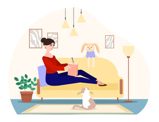 Woman writing letter concept. Female character sits on cozy sofa and writes down her impressions in diary. Rest and relaxation at home. Cartoon flat vector illustration isolated on white background