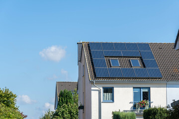 roof of a house with solar panels or photovoltaic system, sun power plant