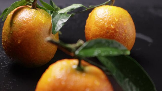 Mandarini su sfondo nero bagnato