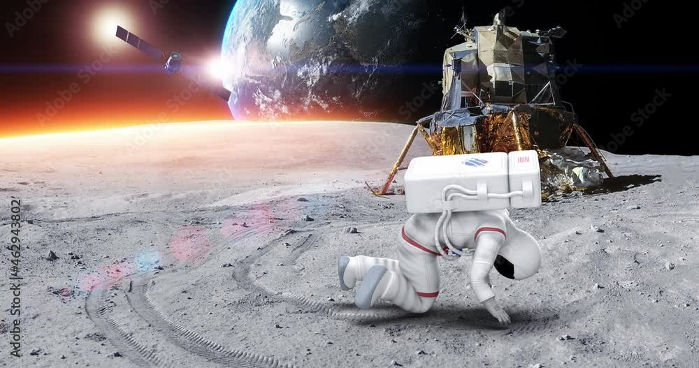 Wall mural astronaut tripping and falling down on planet surface. planet earth on background. space and technol