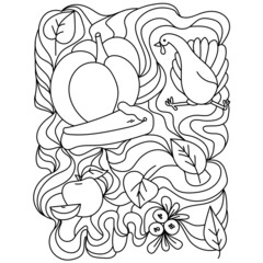Thanksgiving coloring page, turkey, pie and pumpkin with ornate patterns
