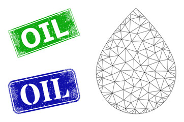 Net oil drop image, and Oil blue and green rectangle scratched stamps. Mesh carcass symbol is designed with oil drop icon. Stamps include Oil text inside rectangle shape.