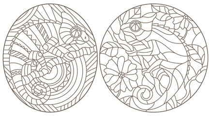 A set of contour illustrations of stained glass Windows with abstract chameleons, dark outlines on a white background, oval images © Zagory