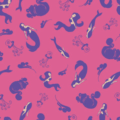 Vector Pink Mermaids swimming underwear background pattern