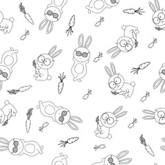 Seamless pattern with cute rabbits and carrot. Perfect for apparel, fabric, textile, wrapping paper,decoration, T-shirt, card, scrapbooking. Vector illustration.