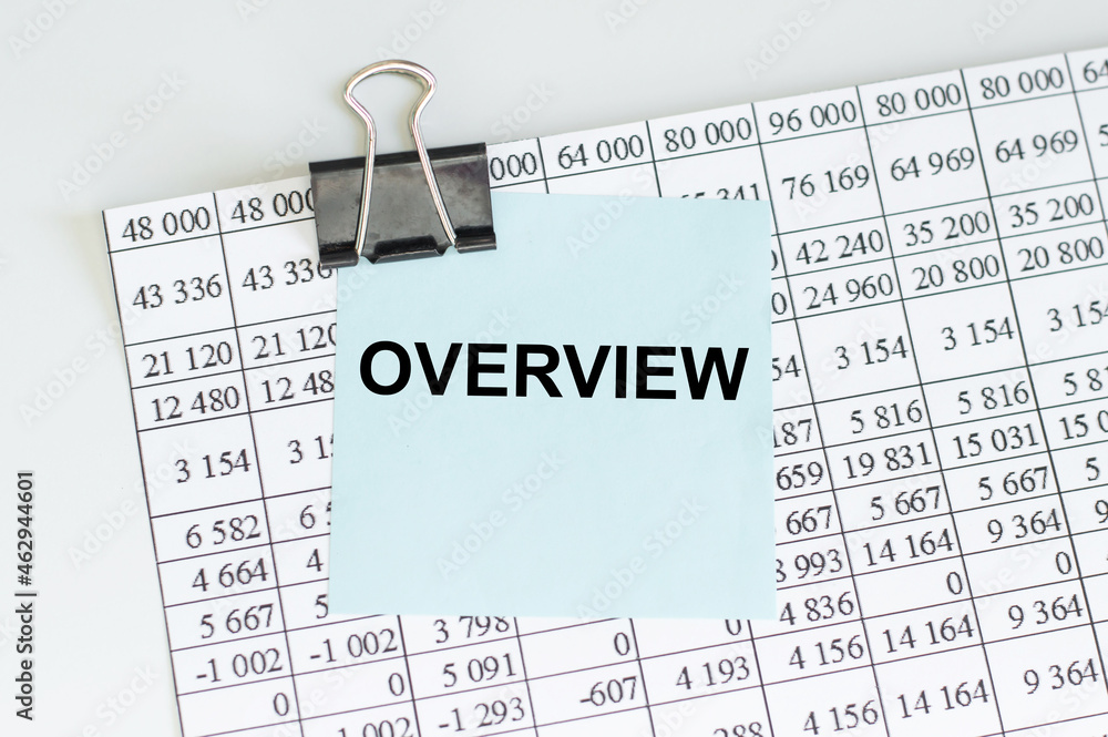 Poster a card with text overview attached by black clip to financial statement paper on table