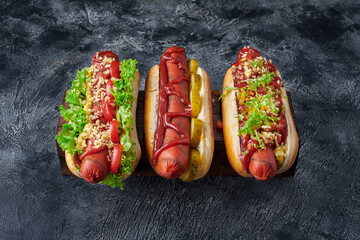 Fresh made hot dogs with ketchup, mustard and salad