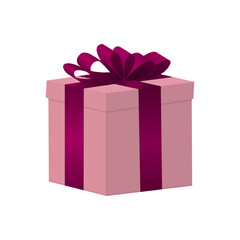 Pink square gift box with bow. Vector illustration isolated on white background.