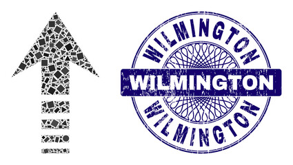 Geometric collage send up, and Wilmington grunge stamp. Blue stamp seal contains Wilmington tag inside circle shape. Vector send up mosaic is designed with scattered circle, triangle, square parts.